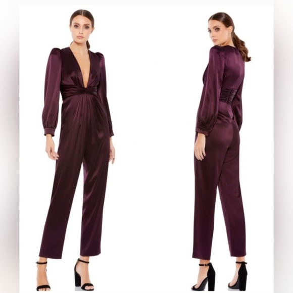 Mac Duggal Elegant Deep Purple/ Plum Plunge Neckline Satin Long Sleeve Jumpsuit - Picture 6 of 16